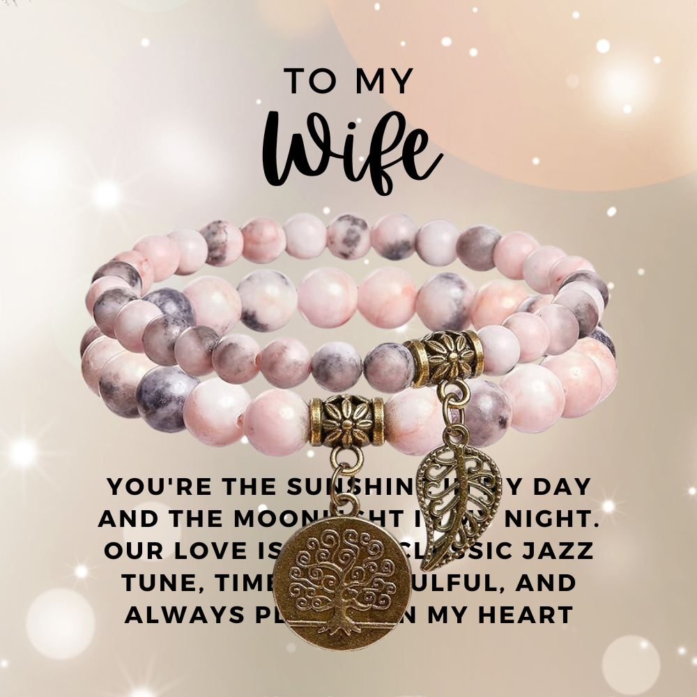 To My Wife: Pink Zebra Jasper Bracelet Set and Message Card